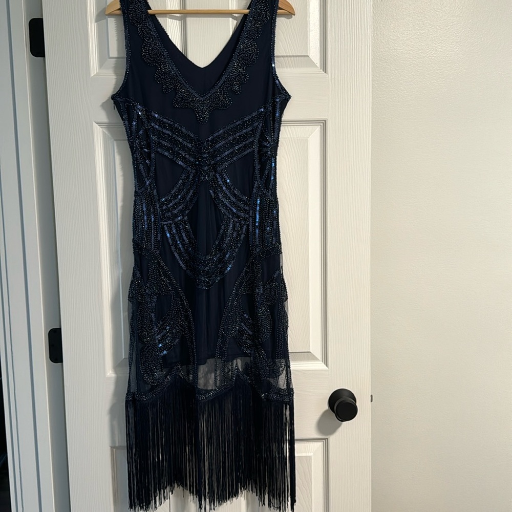 Vijiv Women's 1920s Navy Flapper Dress, Art Nouveau Gatsby Fringe Cocktail Dress